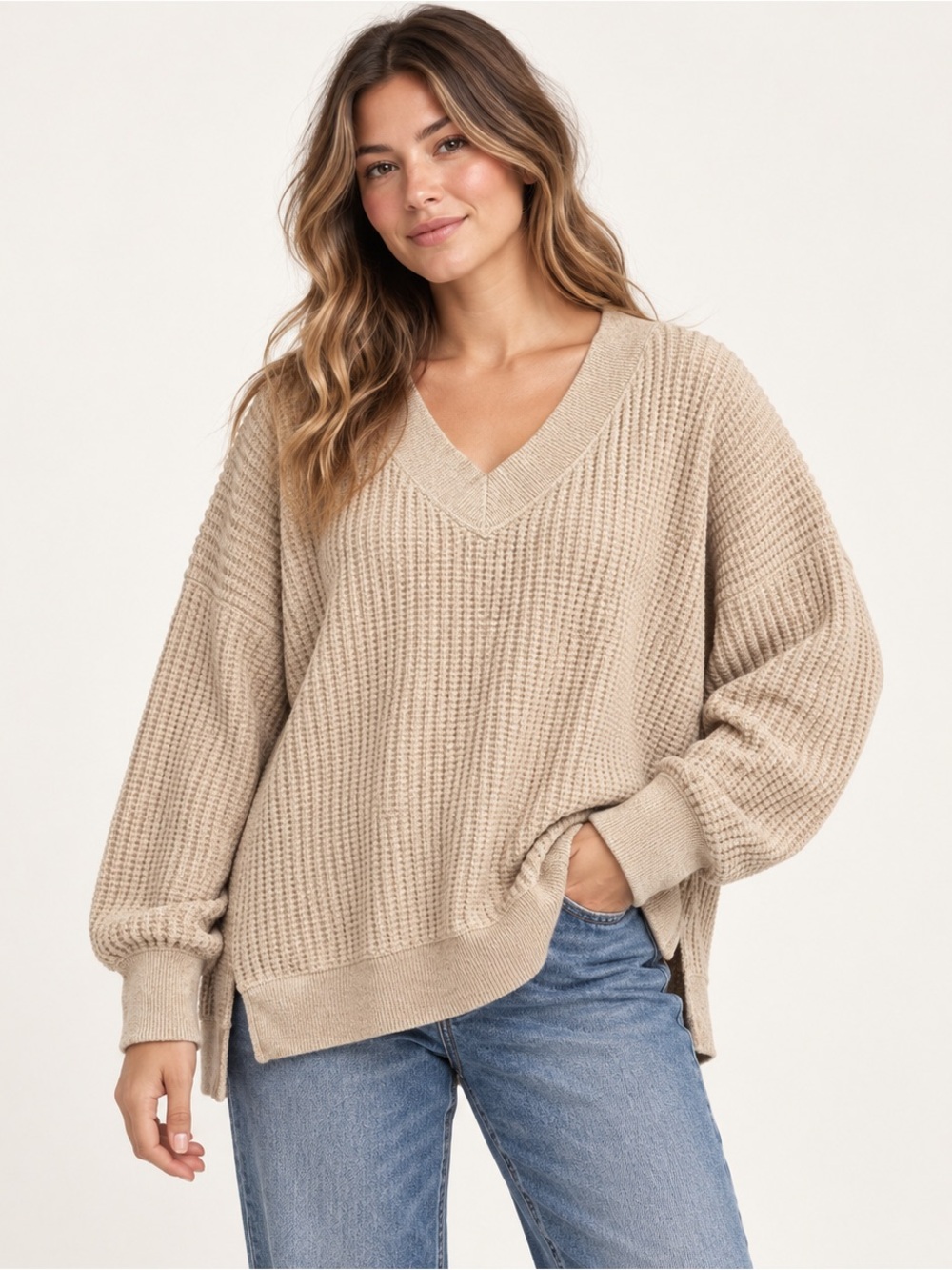 American Eagle Big Hug Waffle Pullover Women’s M Oatmeal Oversized